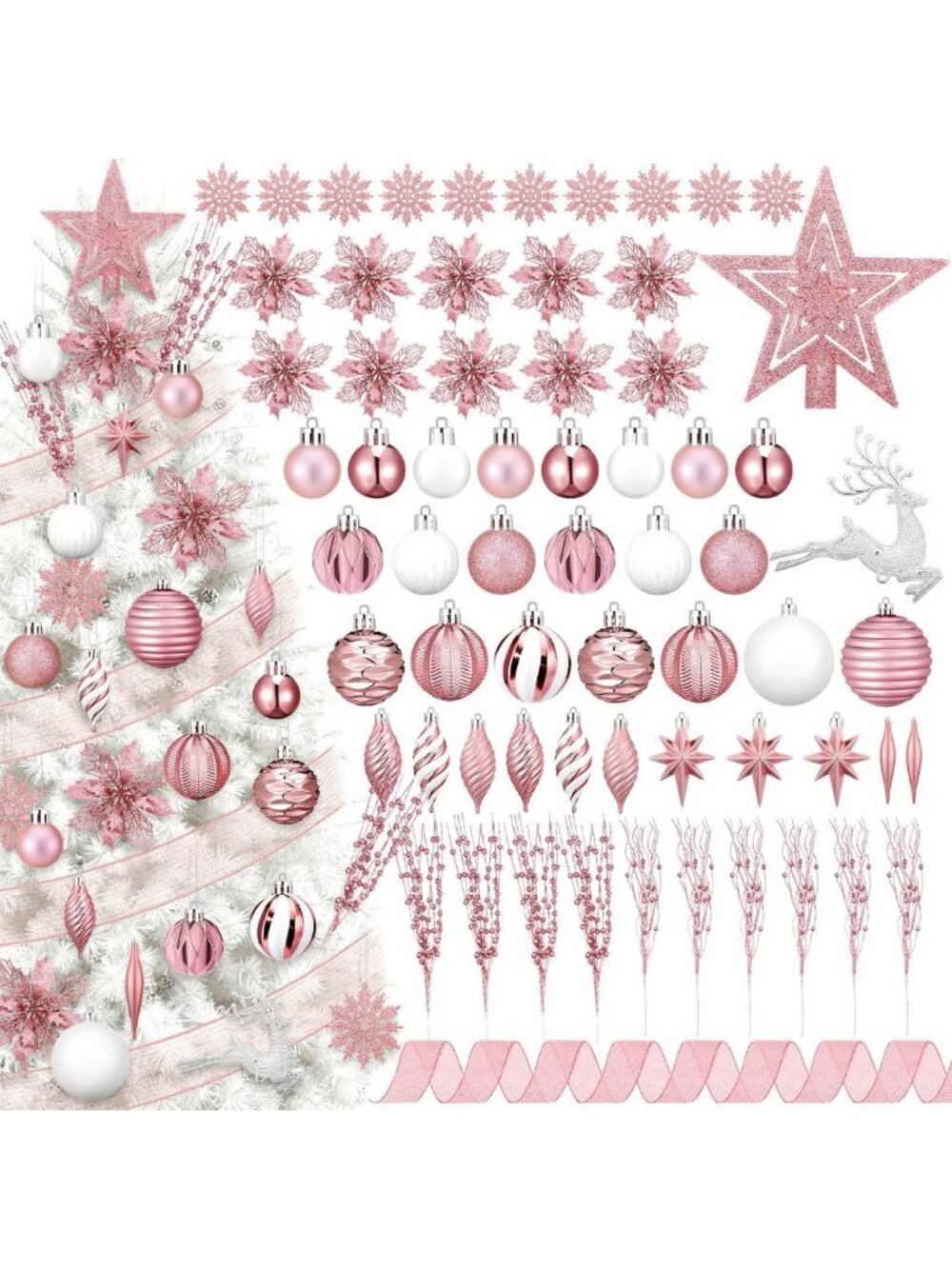 118 Pcs Christmas Tree Ornaments Set - Balls, Ribbons, Snowflakes & Star for